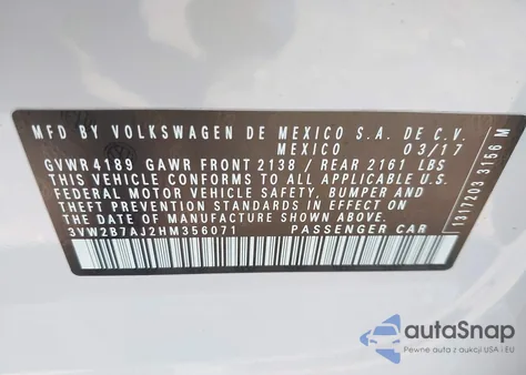 2017 Volkswagen Jetta 1.4T S из США, поврежденный, VIN 3VW2B7AJ2HM356071